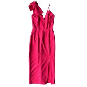 Rebecca Vallance One Bow Dress Red Size 0 Sheath Slit V Neck Midi